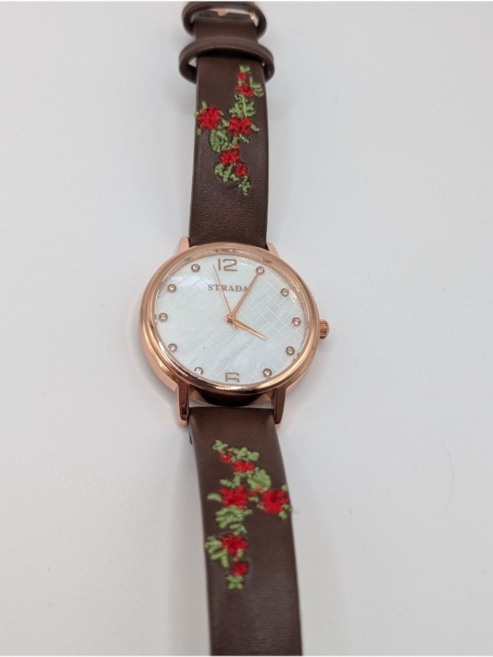 Y2K Strada Women's Watch Rose Gold-tone Case Brown Strap Red Floral Embroidery